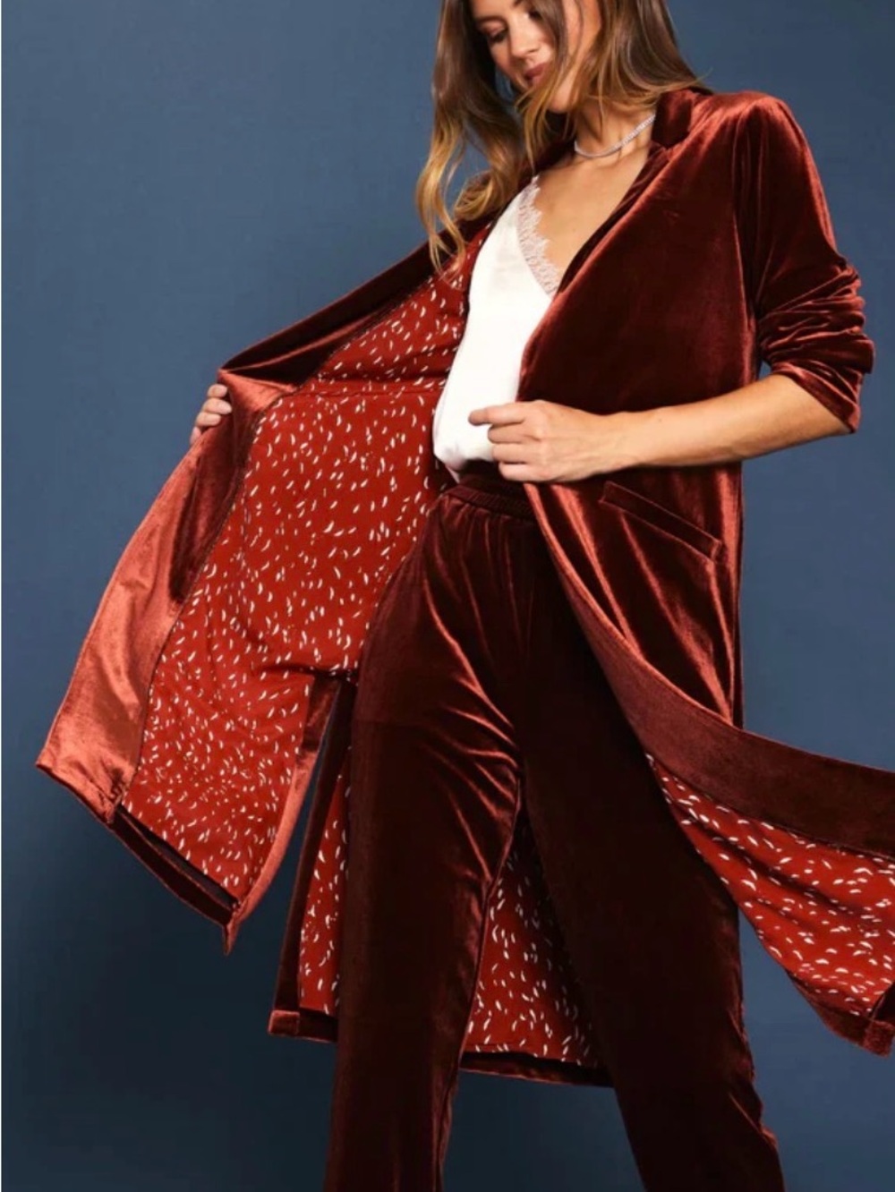 NWT “Skies Are Blue” Velvet Long Blazer in Deep Rust Sz 12